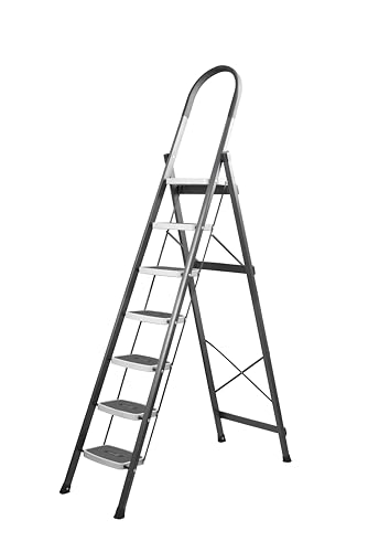 Image of CLEAN IN 7 Step Premium Foldable Household Steel Ladder ~ for Home, Garage, Kitchen. Wide & Anti-Skid Steps, 150 kg Load Capacity, Reinforced Hinges ~ (Shades of Grey)