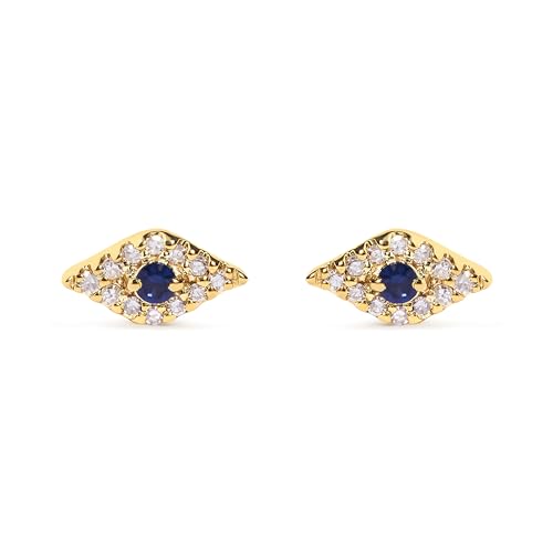 10K Yellow Gold Blue Sapphire and Diamond Accent Evil Eye Stud Earring (H-I Color, I1-I2 Clarity)