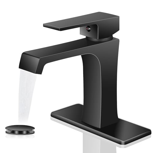 YEUALUQAN Waterfall Bathroom Faucet Black Bathroom Sink Faucet, Modern Single Hole Bathroom Faucet, Single Handle RV Sink Vanity Faucet—Includes Pop-Up Drain, Suitable for 1-Hole or 3-Hole - image 1
