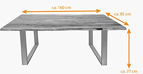 Esstisch Baumkante SAM 160×85 cm aus Akazie mit silber lackierten Beinen