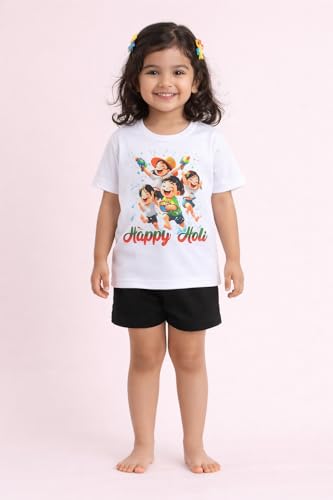 Image of The Magic Wand Kids Holi Festival Theme Printed T-Shirts, Girls Top, Boys Kurta Multicolored for Kids Baby Boys and Girls, Traditional Indian Wear Dress for Holi