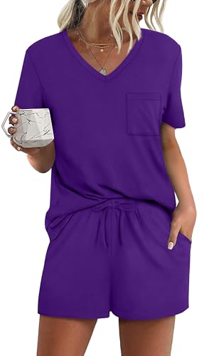 Image of RUBZOOF Women's Short Sleeve Pajama Sets with Pockets Casual V Neck 2 Piece Lounge Sets S-3XL