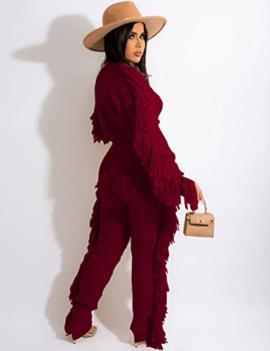 Image of KANSOON 2 Piece Sweater Set for Women Cable Knit Fringe Crop Top and Pants | Cozy feel, ribbed high waist, comfortable stretch fit for birthday and chilly going-out outfits