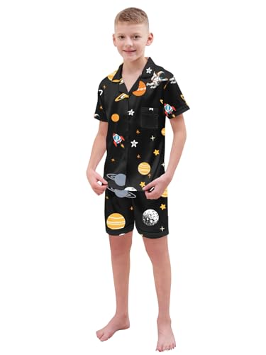 Schbbbta Kids Satin Pajamas Sets Girls Boys Button-Down Pjs Short Sleeve Silk Nightwear, Black Astronaut, 11-12 Years = Tag 1603