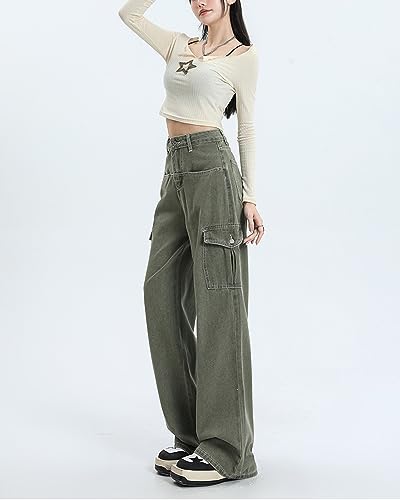 Y2k Cargo Jeans for Teen Girls Women High Waisted Wide Leg Flap Pockets Baggy Boyfriend Jean Denim Pants4