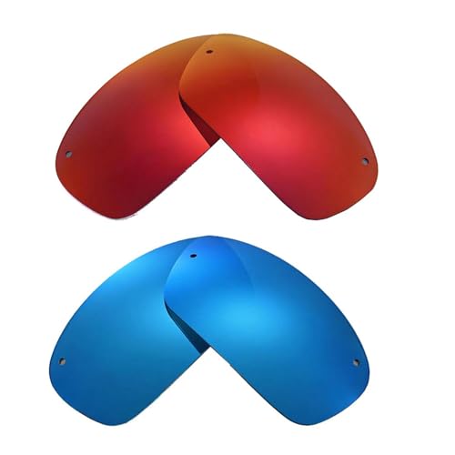 Walleva Two Pairs Polarized Replacement Lenses for Ray-Ban RB3183 63mm Sunglasses - Fire Red + Ice Blue