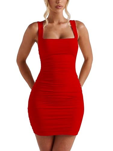 BORIFLORS Women's Sexy Bodycon Corset Mini Dresses Square Neck Ruched Sleeveless Club Party Short...