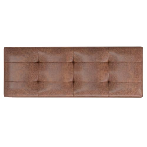 SIMPLIHOME Shay 48 inch Wide Mid Century Modern Rectangular Storage Ottoman in Distressed Saddle Brown Vegan Faux Leather, Assembled, For the Living Room, Entryway and Family Room
