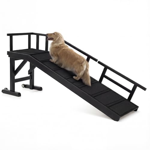Dog Ramp for Bed or Couch, Wooden Pet Ramp with 20° Gentle Slope, Removable Side Rails, Non-Slip Surface, Top Platform & Wheels, Safe Bed Ramp for Small, Medium & Senior Dogs, 60' Long, Black