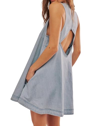 Image of utcoco Women's 2026 Summer Sleeveless Denim Mini Dress Back Cut Out A Line Swing Jean Tank Dress