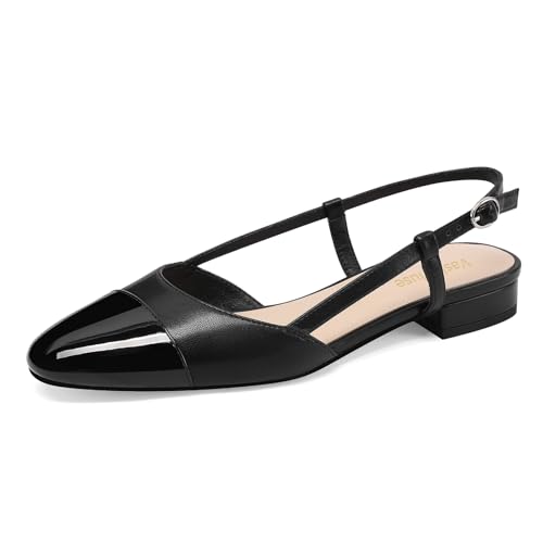 Image of Vaslemuse Slingback Flats for Women Two Toned Double Strap Block Low Heel Flats Classic Womens Sandals Comfortable Dressy