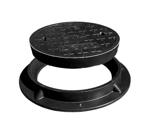 NATOTELA GFK Schachtabdeckung Rund mit Rahmen DN270/400 B125 Schachtdeckel für Kanal Ø270/400 Robust Kanaldeckel für Fussgängezonen Höfe Garten Häuser Höfe Gehwege Entwässerungsschacht Gartenschacht
