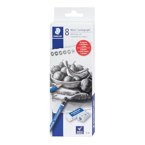 STAEDTLER Mars Lumograph Graphite Artist Sketching Set, 6 Pencils (6B, 4B, 2B, B, HB, 2H), Mini Mars Plastic Eraser, Metal Sharpener