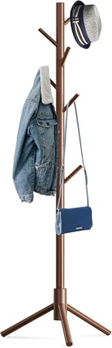 Image of Ash & Roh Natural Wooden Coat Rack Stand With Hooks Adjustable Height, Easy Assembly, Sturdy Solid Base for Coats, Hats, Handbags Entryway, Hallway, Bedroom, Office (Walnut, 92-2)