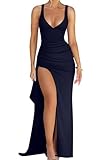 Memoriesea Women's Sexy Plunge Neckline Bodycon Ruched High Slit Party Maxi Dress Navyblue