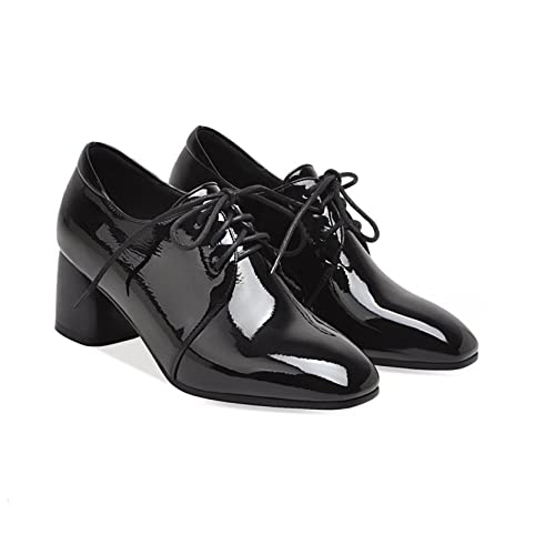 Women's Block Heel Oxfords Shoes Lace Up Office Dress Pumps Comfortable Chunky Heels Retro Square Toe Brogue Shoes Black #TOP26