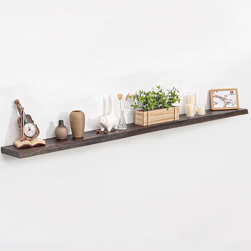 Image of Floating Shelves for Wall, 72 inchx9.3 inch Rustic Solid Live-Edge Elm Wood Wall Shelves, Heavy-Duty Floating Shelves with Invisible Brackets, Set of 2 for Living Room, Bedroom, and Kitchen, Walnut Finish