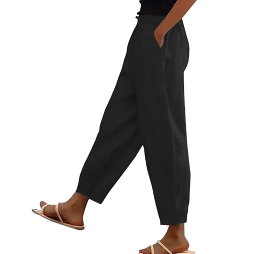 Womens Capris Linen Pants Women Casual Drawstring Elastic Waist Cropped Pant Summer Fashion Straight Leg Palazzo Harem Lounge Trousers 2026 Lightweight Beach Travel Vacation Clothes Black
