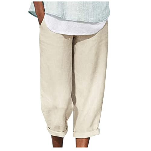 XUNRYAN Women's Capris Cotton Linen Pants High Waist Elastic Wide Leg Pants Comfy Trousers Capri Pants 2023 Fall Fashion Yellow