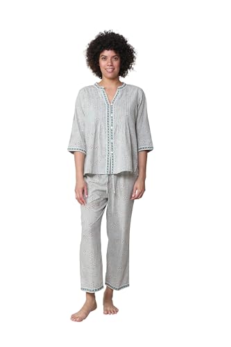 LA CERA Women's 3/4 Sleeve Pleat Front, Capri Pajama Set, Notched V-Neckline, 100% Cotton