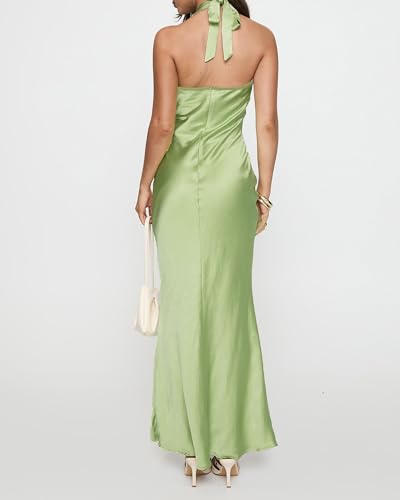 Image of Women's Satin Dresses Summer Bodycon Sexy Halter V Neck Backless Elegant Formal Prom Cocktail Wedding Guest Maxi Dress