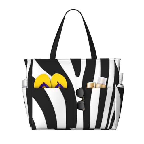 Sac de plage zèbre grand format fourre-tout femme à bandoulière avec poignées
