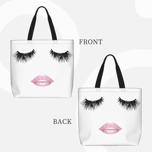 Eyelash Lip White Print Tote Bags, Large Capacity Zipper Shoulder Bag, For Shopping, Work, Daily3