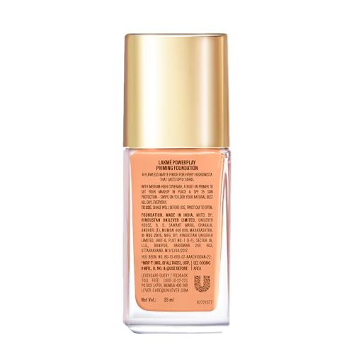 Image of Lakme Powerplay Priming Foundation, Natural, Flawless Finish, Medium To Full Coverage, Built in Primer, Long Lasting, SPF 20, Warm Sand, 25ml