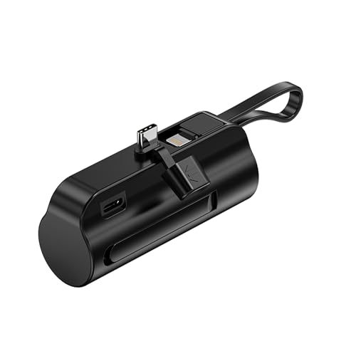 NOVOTECK Power Bank 5000 mAh con Soporte Plegable y Cable USB-C Integrado(Correa)–Batería Externa Mini de Bolsillo, Indicador LED,Entrada USB-C,Conector Light-Ning con Tapa-Base para iPhone (Negro)