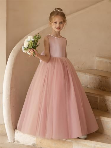 Elegant O-Neck Flower Girl Dress for Wedding Girl's Pearls Formal First Communion Dresses with Bowknot4