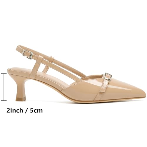 Image of Mostrin Kitten Heels for Women Pointed Toe Pumps Patent Leather Low Heel Slingback Heels with Buckle Dress Shoes for Dating Party Working