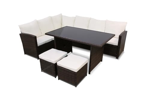 S & S Saldos y Stocks Sofa Rinconera + Mesa + 2 Puffs de Ratan PE. Muebles de Jardin y Terraza, Marron