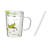  YARNOW Vaso de Leche para Niños de 350 Ml con Escala Jarra Medidora con Tapa Y Pajita de Silicona para Niños Taza de Agua de Vidrio Templado Taza Medidora para Jugo de Leche Té Helado