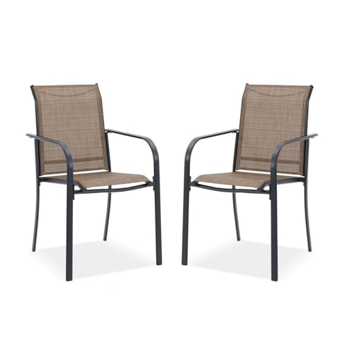 Image of DIFY Patio Chairs Set of 2, Stackable Textilene Outdoor Dining Chairs with Metal Frame, All Weather Outdoor Chairs Set for Backyard Garden Deck Poolside, Brown