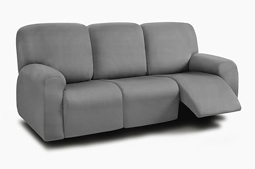 ULTICOR 8-Pieces Recliner Sofa Covers, Yarn Dyed Stretch Reclining Couch Covers for 3 Cushion Reclining Sofa Slipcovers Thick Soft Washable (Light Grey, 3 Seater Recliner Cover)