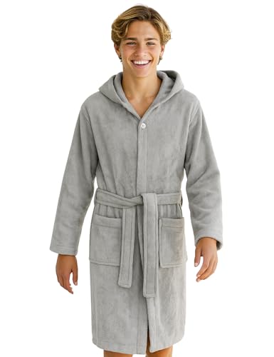 Morgenstern Bademantel Kinder & Teenager Mädchen Jungen 100% Baumwolle Frottee mit Kapuze OEKO-TEX® Kinderbademantel Morgenmantel Größe 158-164, Grau