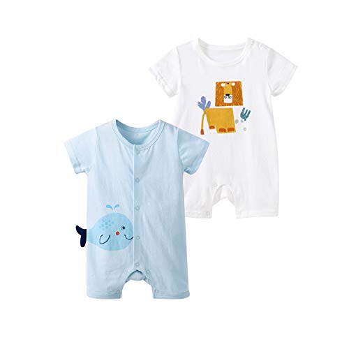 pureborn Baby Boys' 2-Pack Snap-up Romper Short Sleeve Cotton Blue&White 12-24 Months