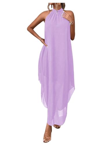 Image of Verdusa Women's Wedding Guest Dress Halter Flowy Chiffon Long Dresses | Cocktail Dress, Asymmetrical Dress for Women, Sleeveless, Prom Dress, Cruise Outfits, Boho