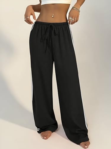 Image of THIRD QUADRANT Women's Wide Leg Track Pants for Women | Black with White Side Stripes | Drawstring Waist (in, Alpha, L)