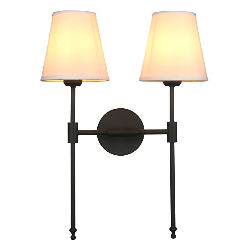 Image of PERMO Classic Rustic Double Sconce 2-Lights Wall Sconce Lighting Fixture with Flared White Textile Lamp Shade and and Black Finished Long Arm,Wall Sconce Light Fixture for Bathroom Bedroom Bedside