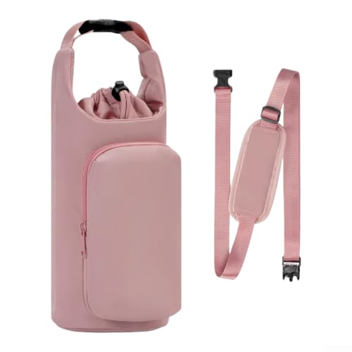 Soporte aislado para botella de agua con correa para el hombro para acampar al aire libre senderismo deportes reutilizable taza manga bolsa de transporte negro (rosa)