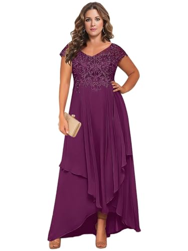 BONOYUER Tea Length Mother of The Bride Dresses with Sleeves V Neck Chiffon High Low Formal Evening Dress for Women