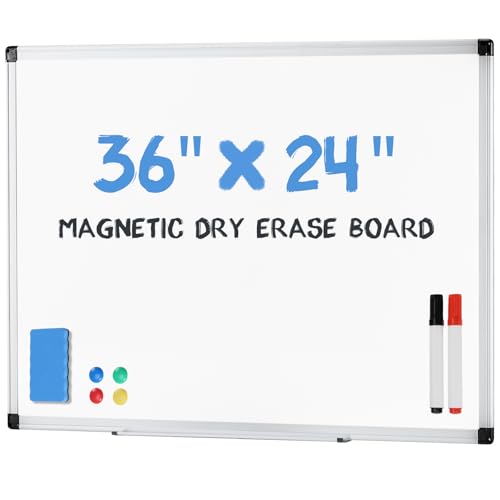 DUMOS Magnetic White Board Kit for Wall 36' x 24', Dry Erase Board with 1 Dry Eraser & 2 Multicolor Markers & 4 Magnetic Pins, Reinforced Aluminum Frame for Home, School, Office