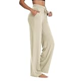 Casual Pants for Women Elastic Waist Drawstring Comfy Stretch Wide Leg Trousers Workout Joging Sweatpants with Pocket Beige