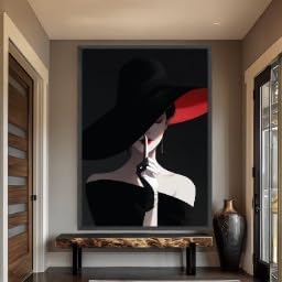 Toile Femme au Chapeau Noir et Accents Rouges pour Décoration Salon Chaleureuse - 2