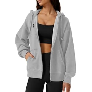 QINSEN Women’s Relaxed Zip-Up Hoodie Fall Oversized Sweatshirt Cozy Fleece Jacket with Pocket