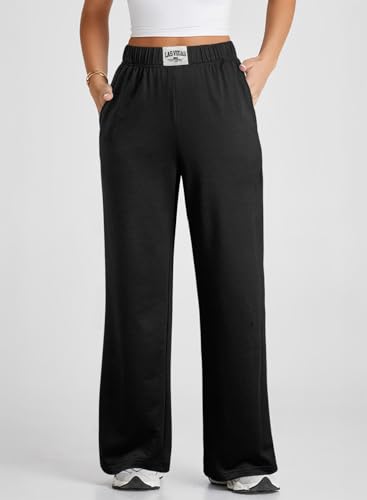 Herseas Wide Leg Sweatpants for Women Elastic High Waisted Patch Detail 2025 Loose Casual Trousers Pant with Pockets4