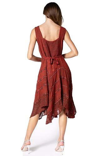 Image of Sakkas Sundara Stonewashed Rayon Embroidered Mid Length Dress