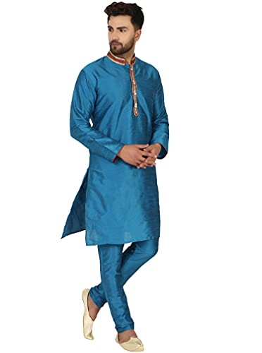 Image of SKAVIJ Men's Traditional Regular Fit Thread Work Ethnic Wear Kurta with Pajama Set Turquoise S