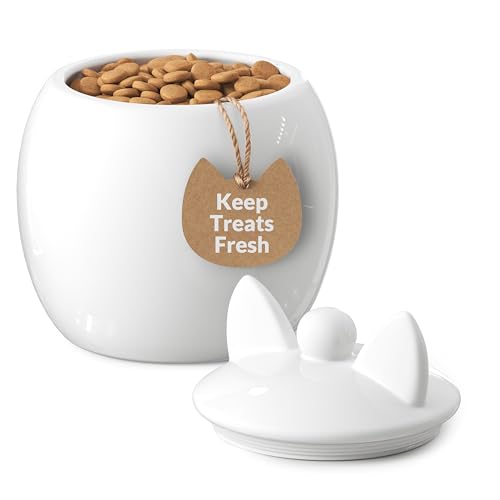 Barnyard Designs Cat Treat Container Airtight Ceramic Treat Jar with Lid Large White Pet Treat Canister for Kitchen Counter (Cat)